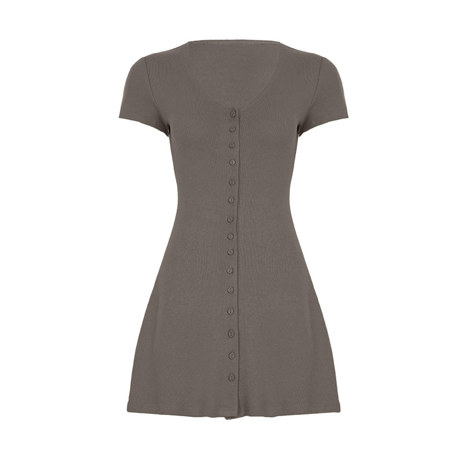 thumbnail image 4 of Vestido de manga corta con cuello en V y botones, de punto elástico y color liso - Punto elástico, falda femenina, elegancia del cuello en V, 4 of 5
